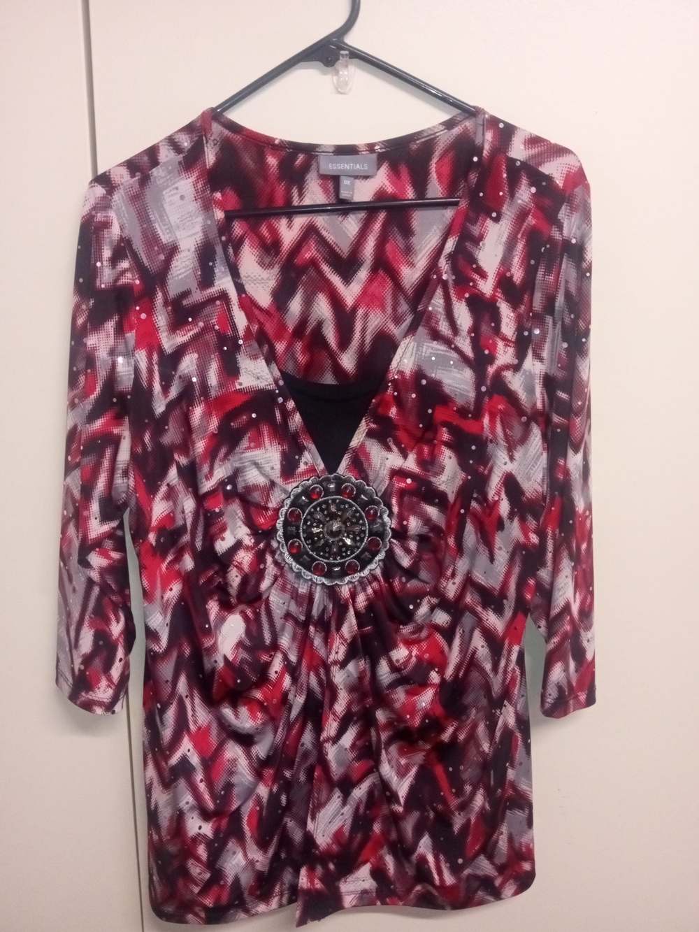 Essentials Red, Black & White V-Neck Long Sleeve Top with Decorative Medallion